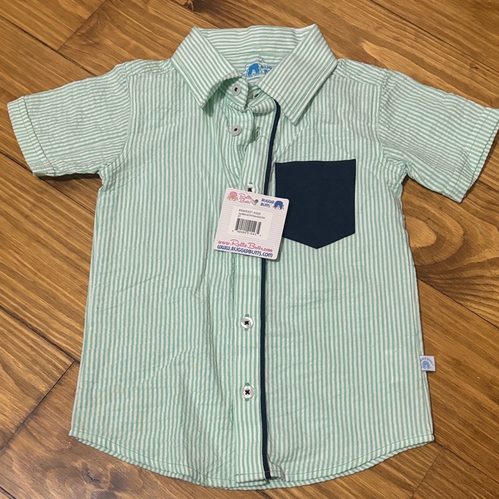 NWT Rugged Butts 3T Aqua Seersucker Short Sleeve Button Down
